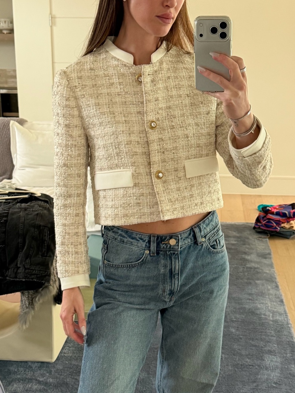 Zara Cropped Tweed Jacket with Pearl Buttons - Cream